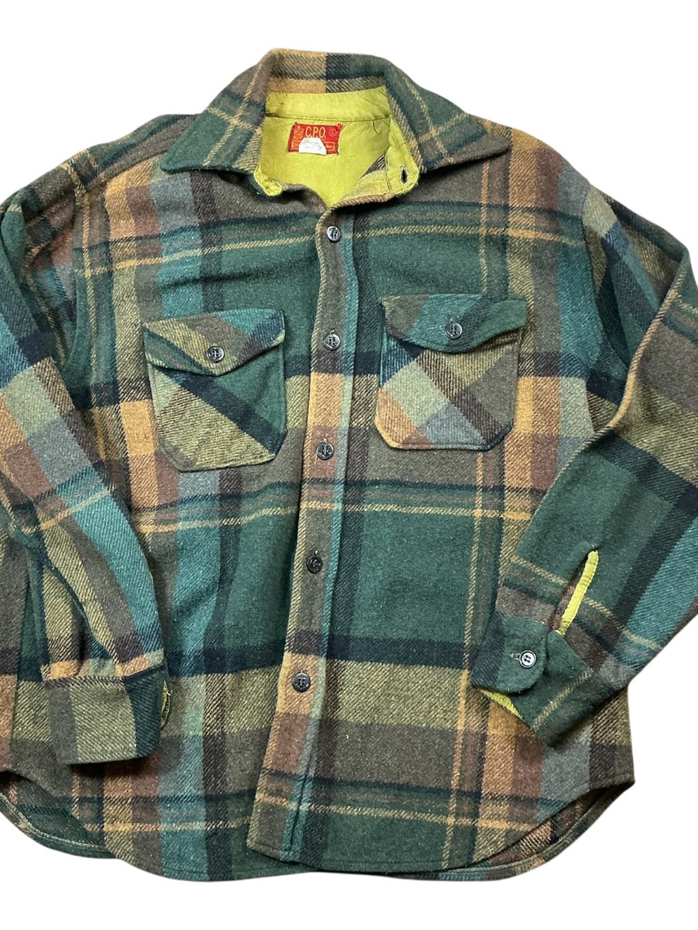 Vintage 70s Sears CPO green plaid wool button front flannel L